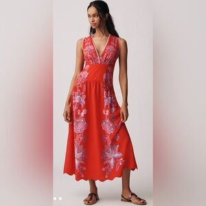 FARM Rio Porcelain Garden Red Midi Dress Linen Floral Scalloped Size Small